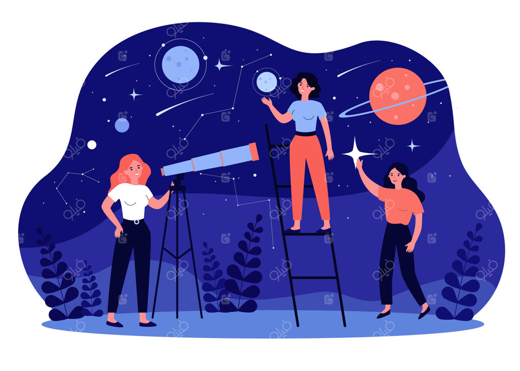 افرادی در حال مطالعه نجوم و طالع‌بینی و استفاده از تلسکوپ برای تحقیق درباره کهکشان‌ها و سیارات. تصویرسازی با مفهوم اکتشاف، جغرافیا و طالع‌بینی.