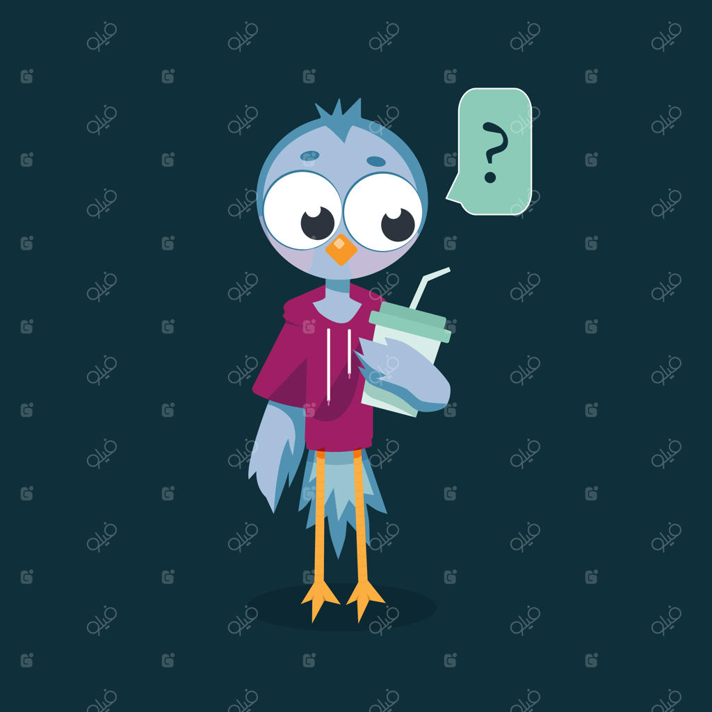 طراحی شخصیت جوجه با قهوه و فکر کردن به ایده سوالی برای انیمیشن پرنده