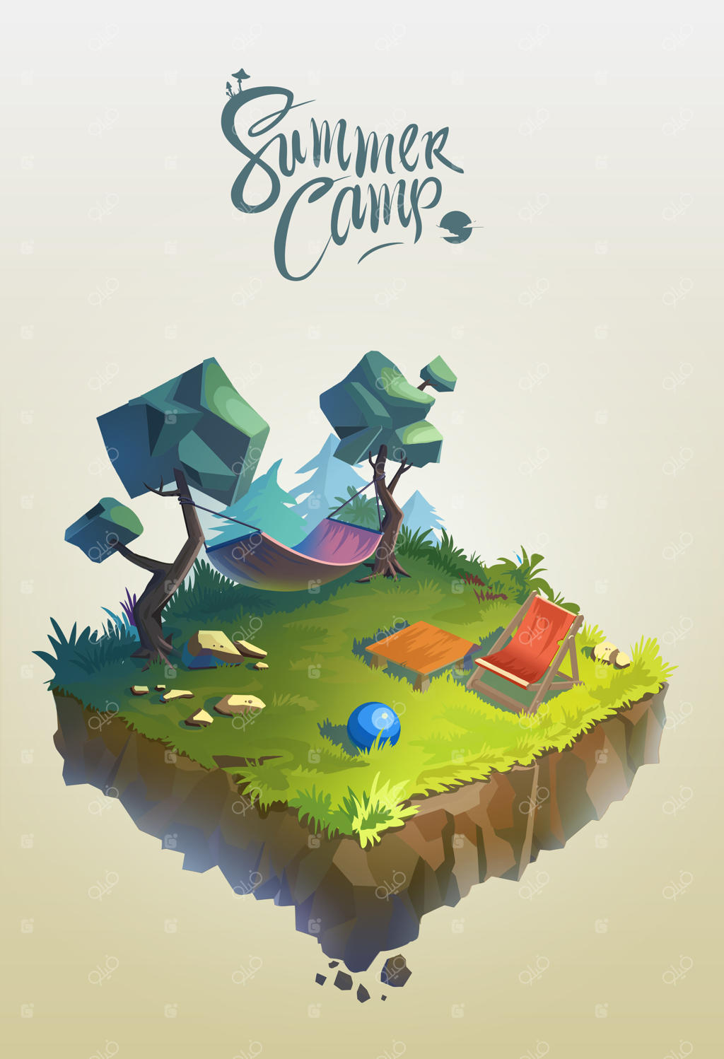 مفهوم سفر و گردشگری: منظره طبیعی با اردوگاه تعطیلات در جنگل، تصویر سه‌بعدی ایزومتریک وکتور.