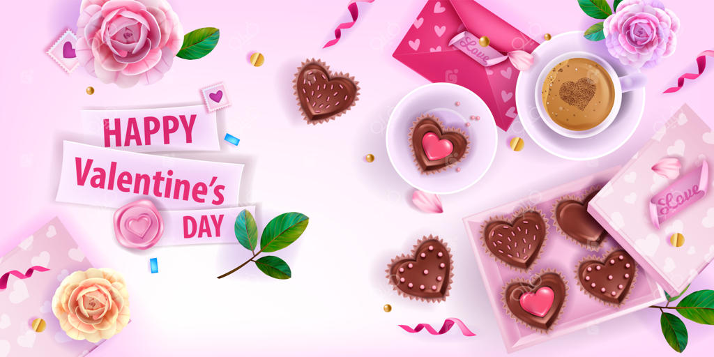 پس‌زمینه‌ای عاشقانه برای روز ولنتاین با پاکت‌های صورتی، گل‌ها، رزها، فنجان قهوه و کیک‌های قلبی شکل.