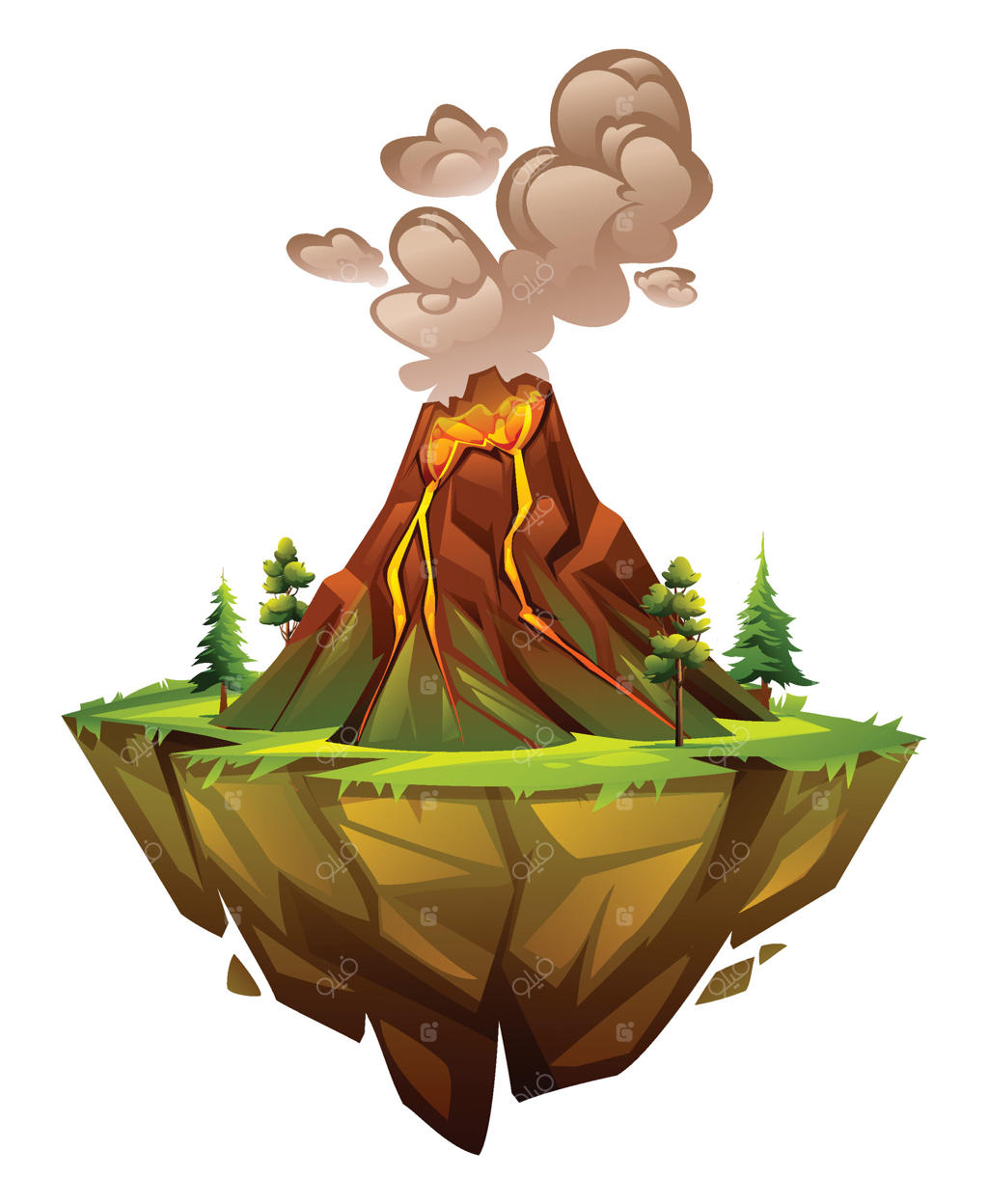 آتشفشان در حال فوران روی جزیره معلق سرسبز با ابرهای دود و جریان گدازه؛ تصویرسازی کارتونی