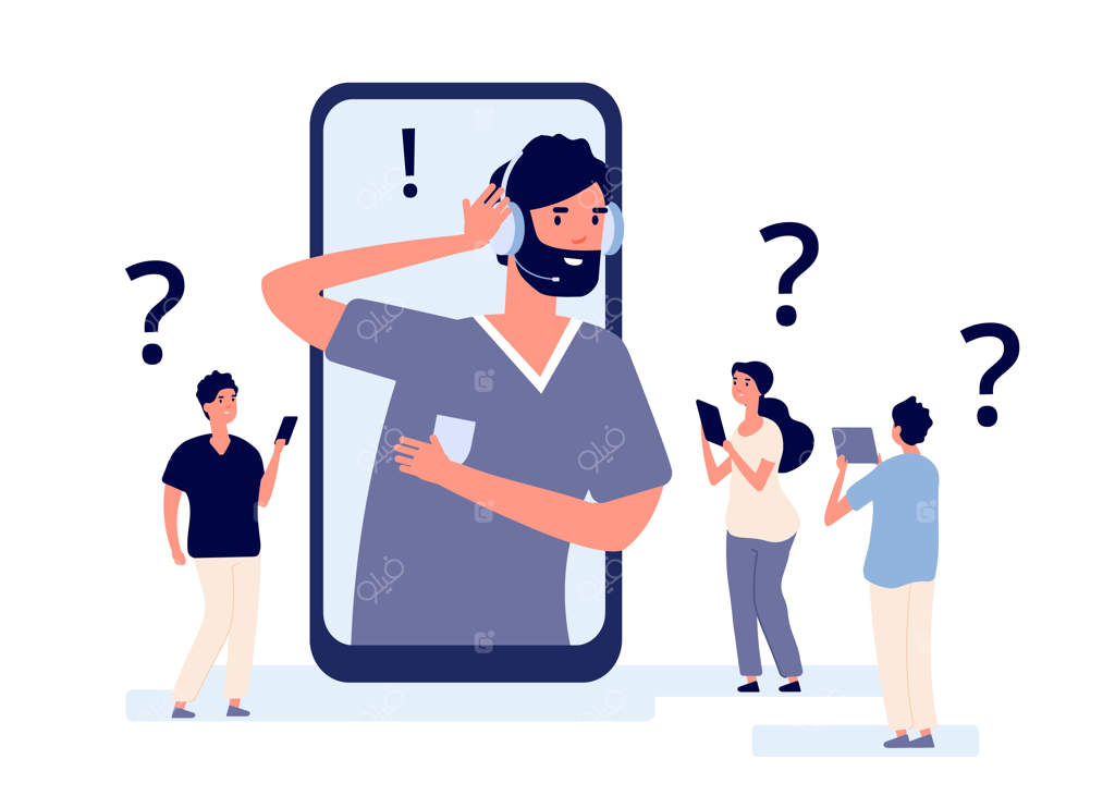 برنامه پشتیبانی مشتری: کمک حرفه‌ای‌ها به مشتری در استفاده از گوشی هوشمند. تصویر ارتباطات تلفنی. خدمات پشتیبانی مشتری، کمک آنلاین اپلیکیشن، یاری در تماس‌ها