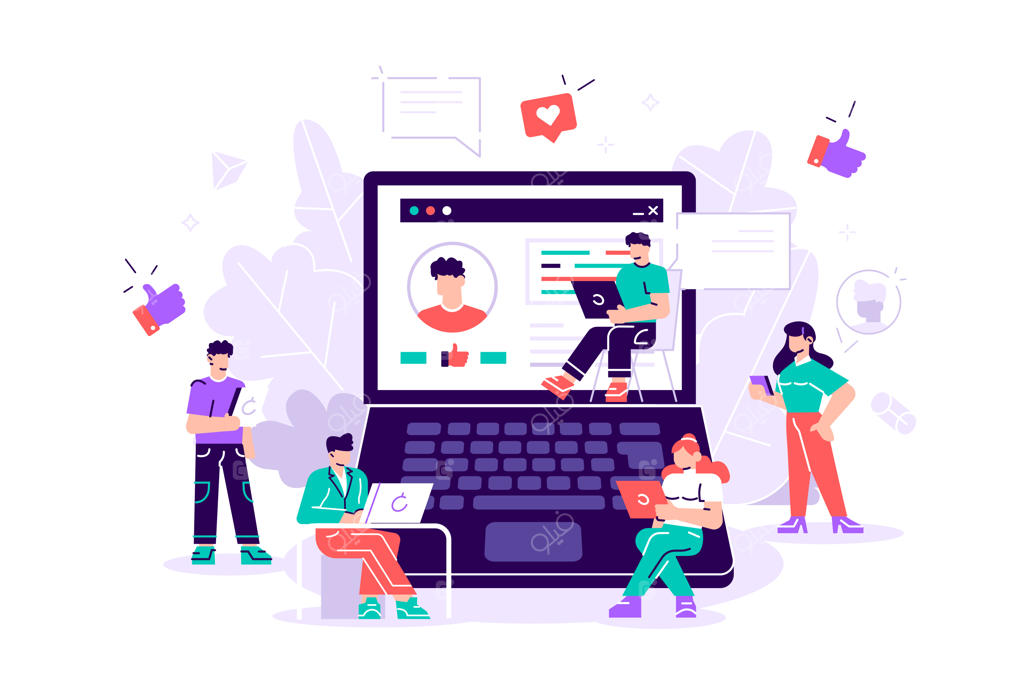 رسانه‌های اجتماعی: استفاده مردم از موبایل، لپ‌تاپ، تبلت و تلفن هوشمند. شبکه‌های اجتماعی. وبلاگ‌نویسی. تصویرسازی با طراحی تخت. مردان و زنان در حال نشستن یا ایستادن کنار لپ‌تاپ. دنبال‌کنندگان.