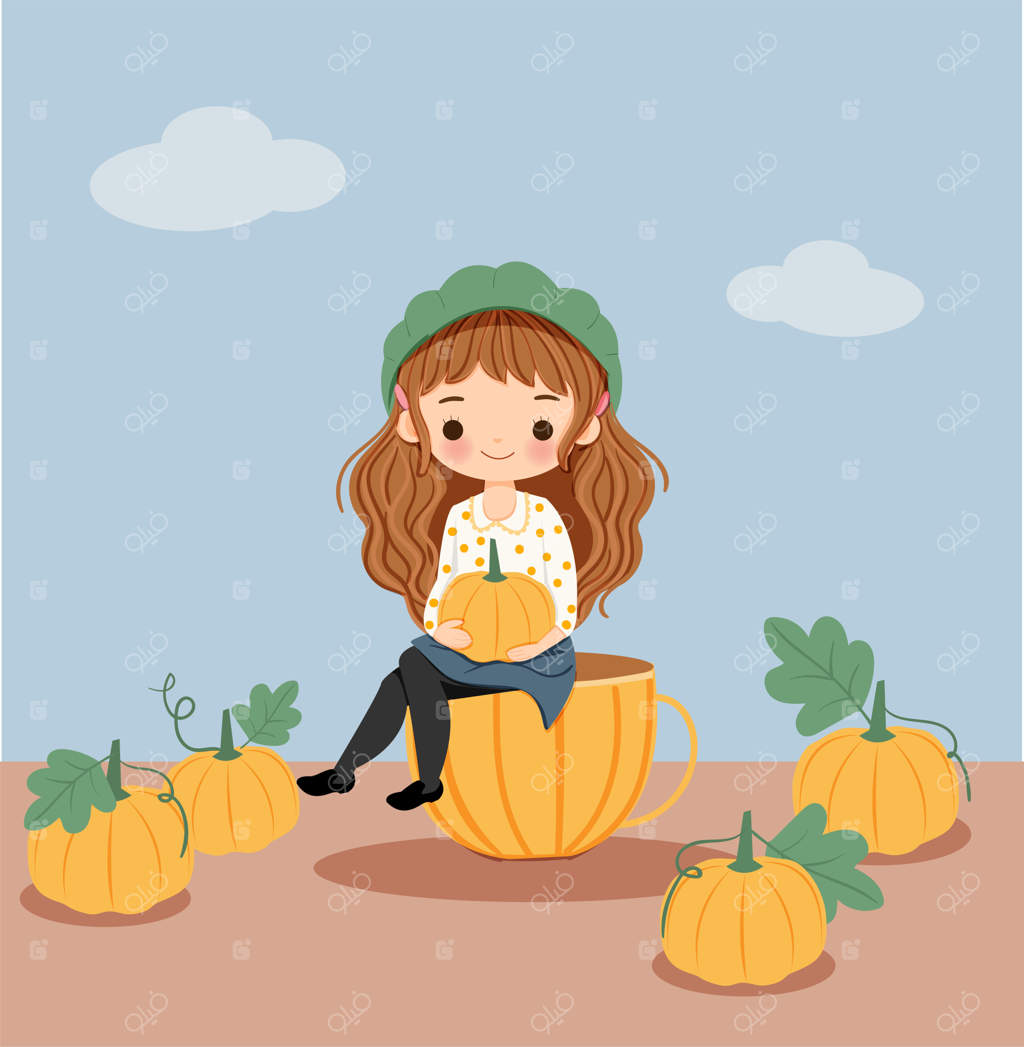 دختر بامزه با کدوها برای جشن پاییز