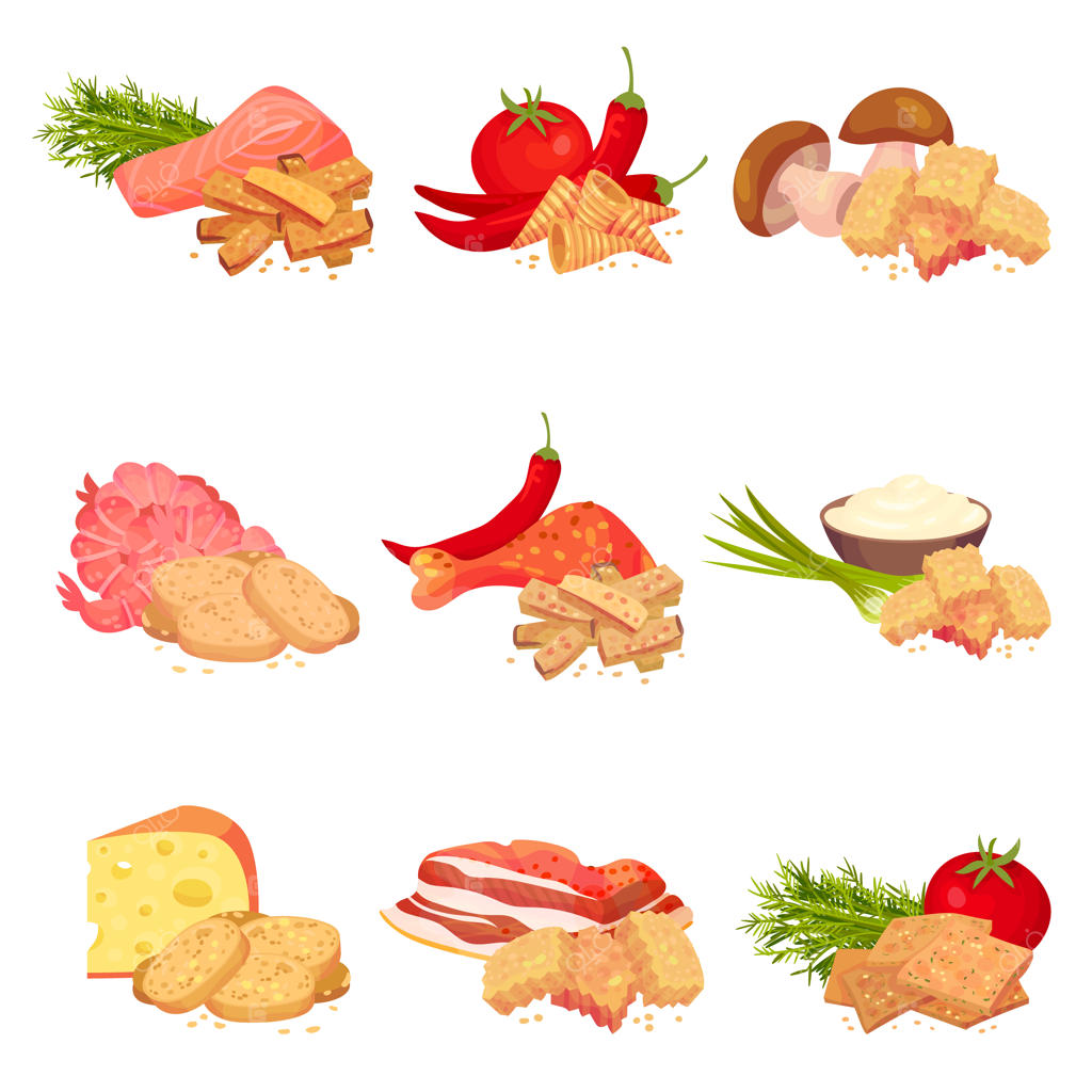 مجموعه‌ای از تصاویر نان کراوتون با طعم‌های متفاوت: فلفل، میگو، پیاز، بیکن، قارچ، پنیر، گوجه‌فرنگی، چیلی، خامه ترش.