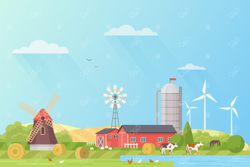 منظره تابستانی مزرعه با آسیاب بادی و مرغ و خروس