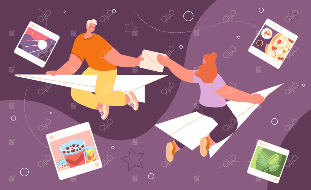 افراد بر روی هواپیمای کاغذی - مفهومی از ارسال ایمیل و جلسه آنلاین - ارتباط زنان و مردان جوان در شبکه‌های اجتماعی