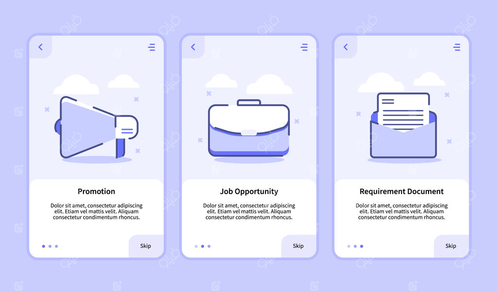 بنر قالب صفحه UI برای اپ‌های موبایل: فرصت شغلی و استخدام با سه طرح متنوع سبک مدرن و مینیمال