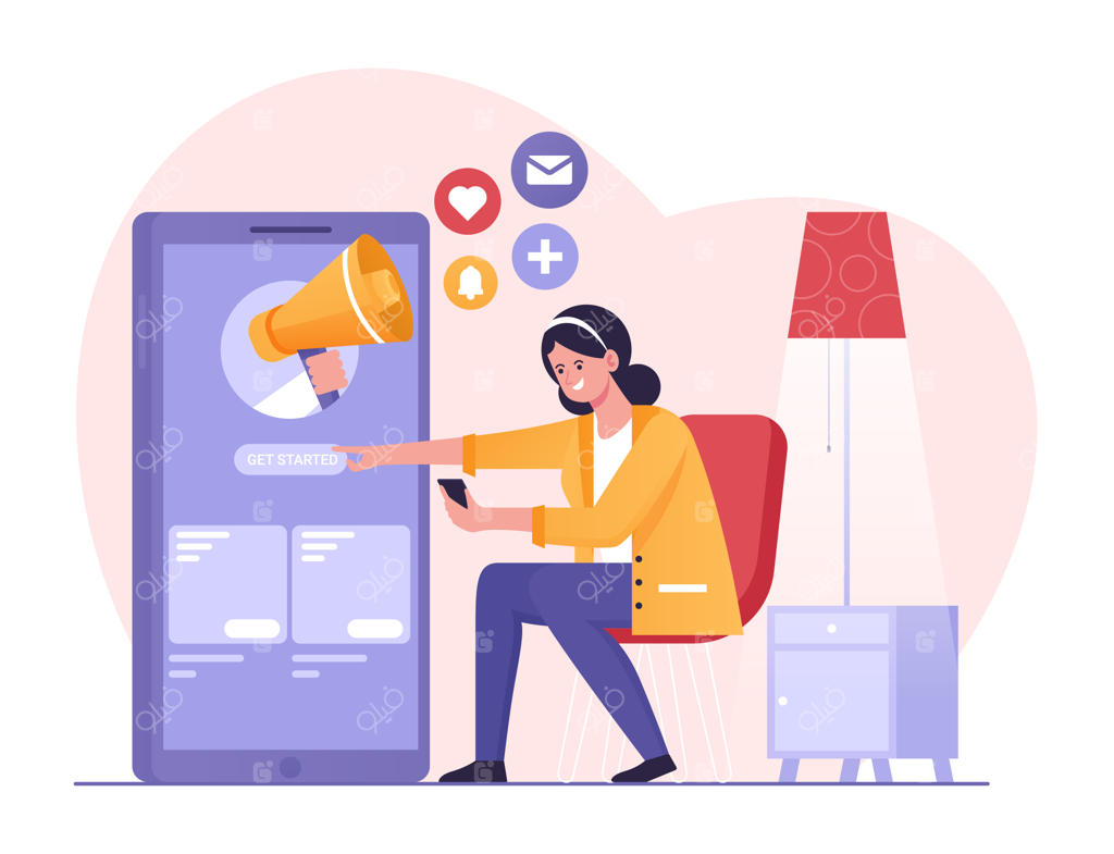 بازاریابی و تبلیغات در اپلیکیشن موبایل با زن و بلندگو کلیک بر روی تبلیغات مارکتینگ