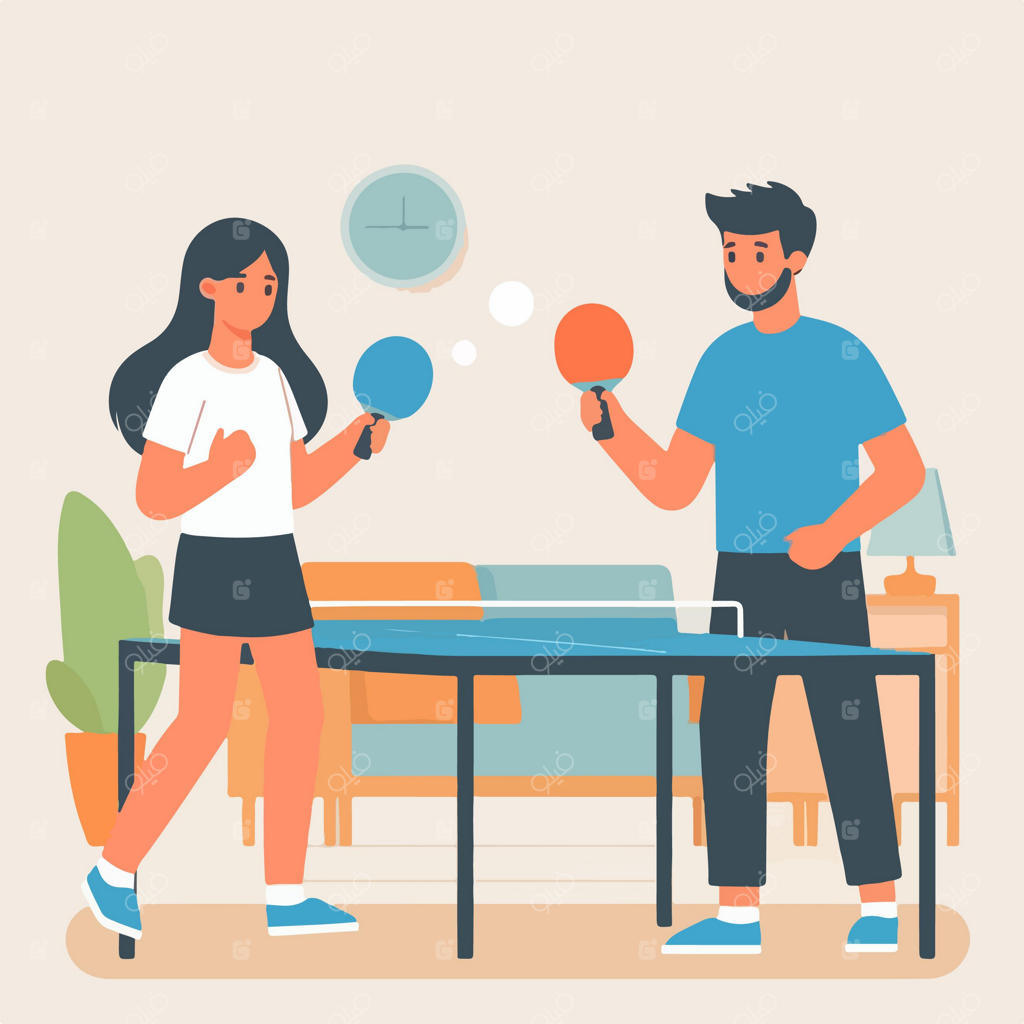 طرح کارتونی زوج جوان در حال تمرین تنیس روی میز با سبک طراحی تخت