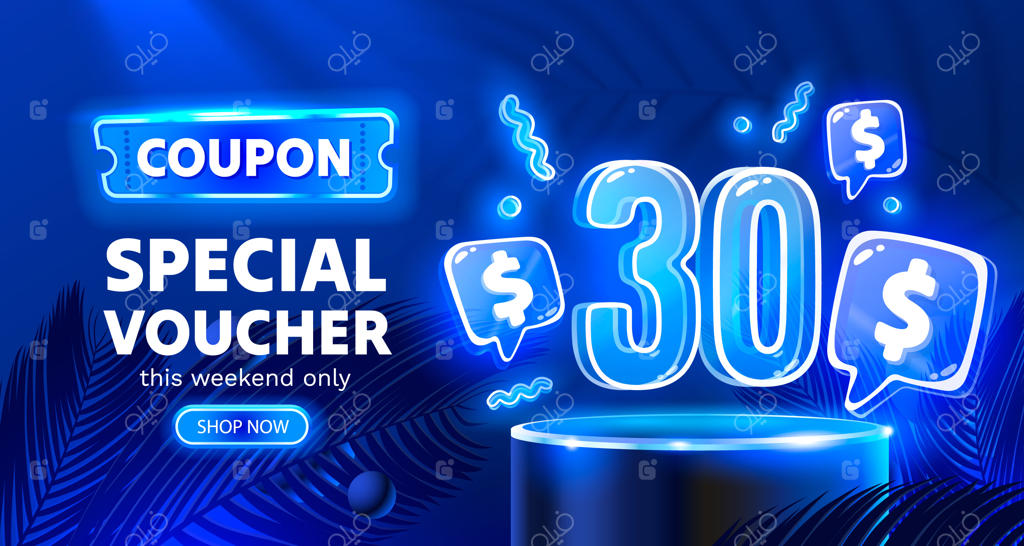 بنر نئونی کوپن ویژه تخفیف ۳۰ دلاری، پیشنهاد خاص در قالب وکتور