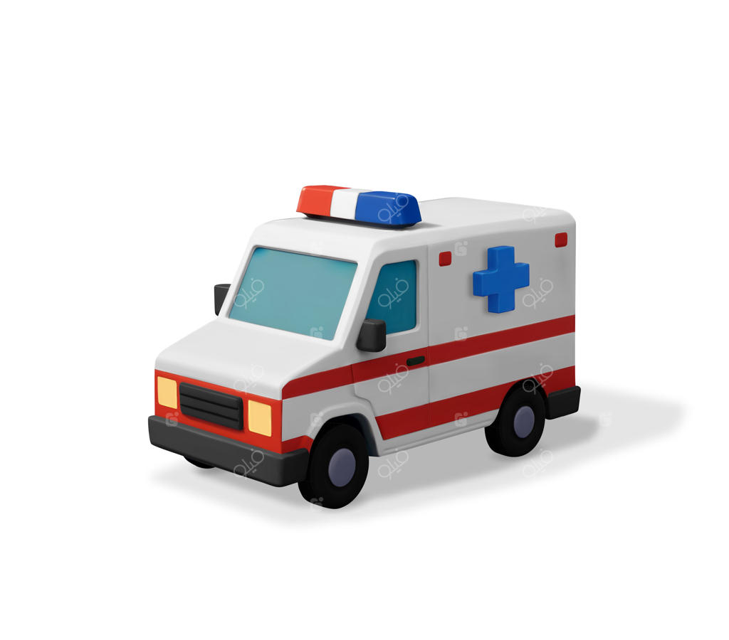 آمبولانس سه‌بعدی با صلیب آبی پزشکی. رندرینگ وسیله نقلیه اورژانسی برای نماد خدمات بیمارستان. مراقبت‌های بهداشتی و خدمات فوریتی.