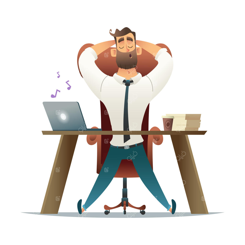 تاجر راحت نشسته در محل کار و موسیقی گوش می‌دهد، لپ‌تاپ روی میز قرار دارد