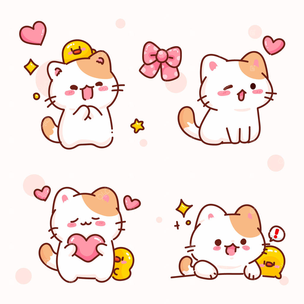 تصویر کارتونی بامزه گربه و جوجه با قلب‌ها و حالات مختلف