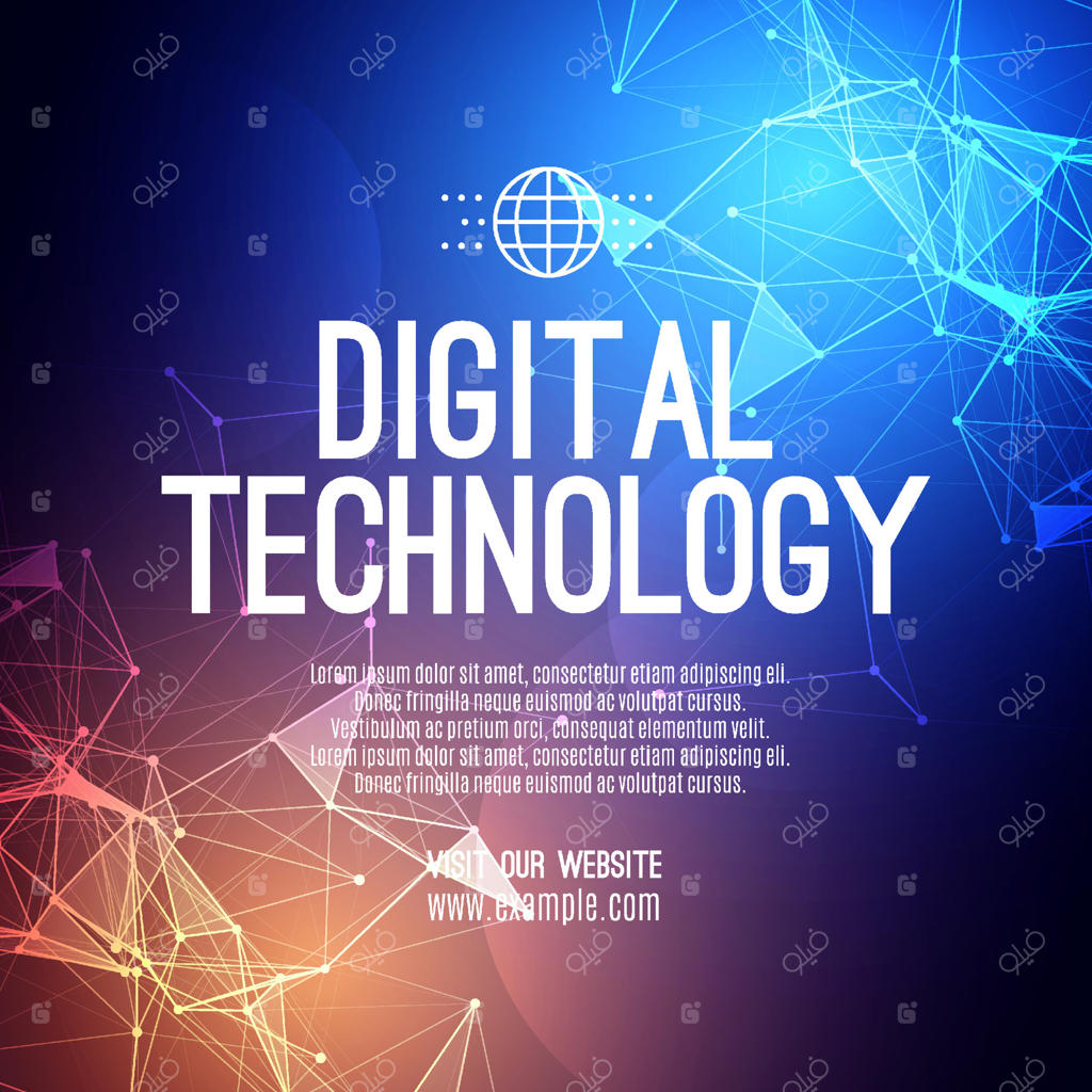 قالب بنر فروش پست شبکه‌های اجتماعی با طرح تکنولوژی دیجیتال و پس‌زمینه نارنجی و آبی، ارتباطات سایبری انتزاعی، نوآوری و فناوری آینده، شبکه اینترنت و تصویرسازی هوش مصنوعی و کلان‌داده