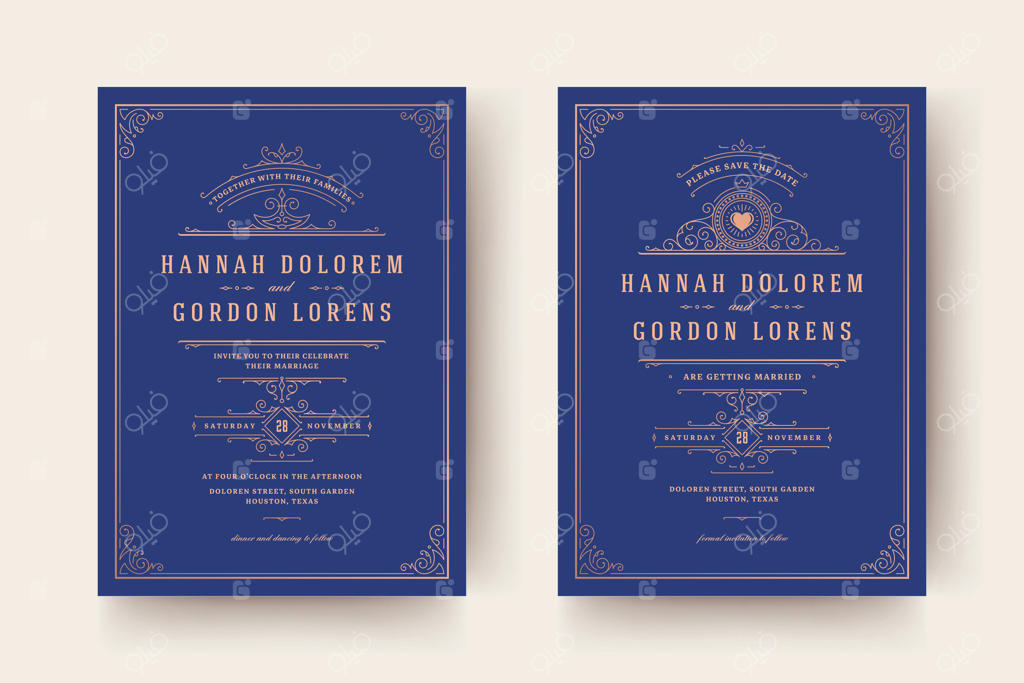 دعوتنامه عروسی و کارت‌های یادآوری تاریخ با تزیینات و نقش‌ونگارهای زیبا و منحنی‌ها.