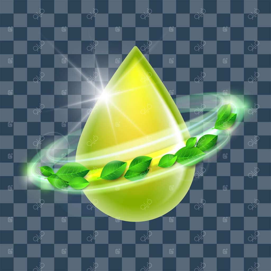 قطره درخشان سبز با برگ‌های سبز، مفهومی از محیط زیست - تصویر قطره زیستی، سوخت، نفت، نماد مایعات طبیعی. مفهوم سوخت زیستی