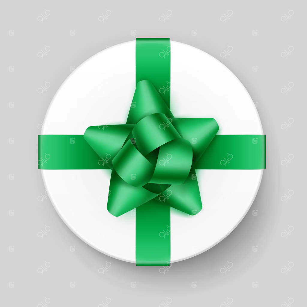 جعبه هدیه سفید دایره‌ای با روبان و پاپیون سبز زمردی براق