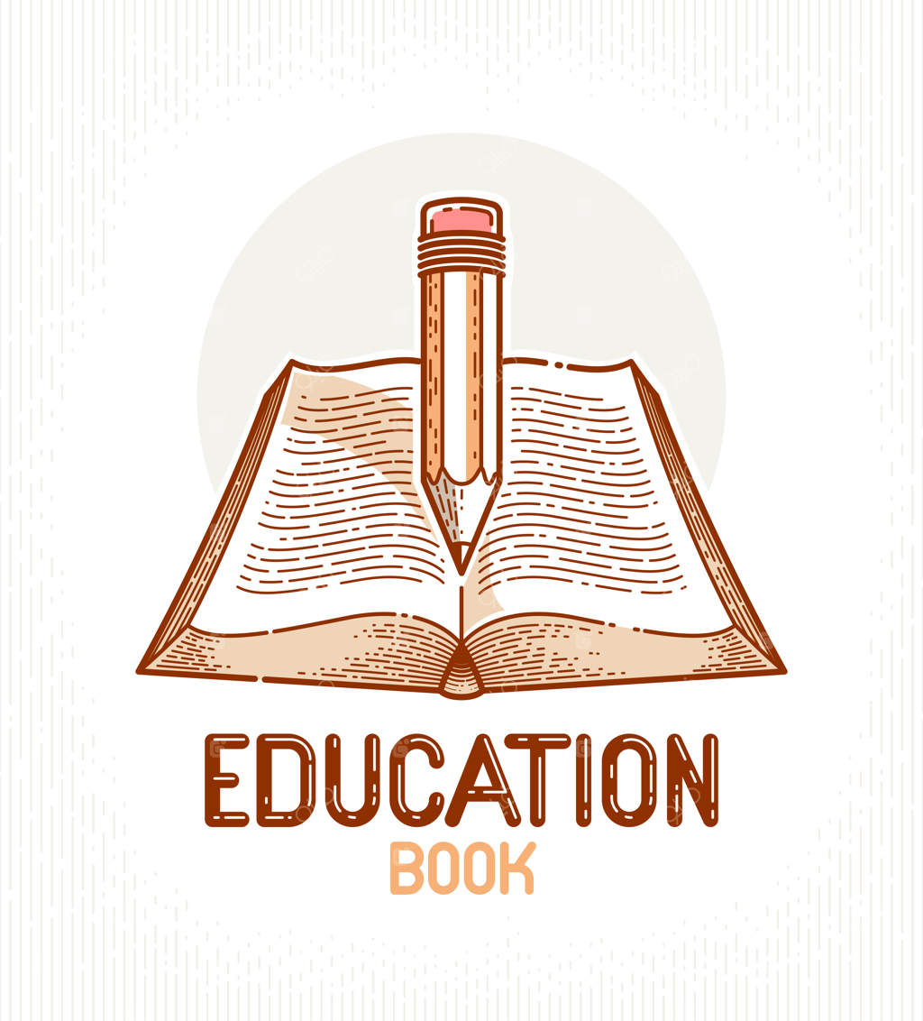 مفهوم آموزش یا علم با کتاب و مداد قدیمی، نشان یا لگوی کتابخانه ادبیات آموزشی یا علمی.