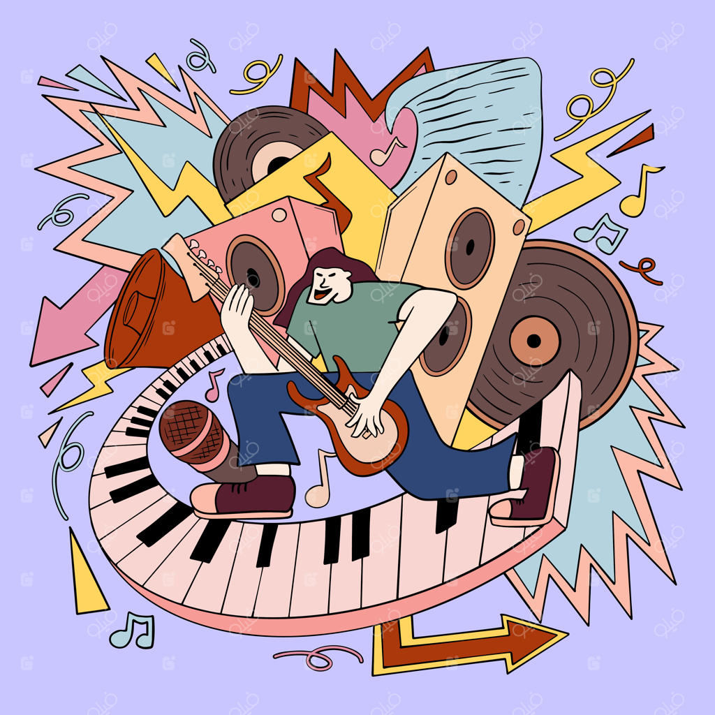 وکتور تصویرسازی طراحی دستی با سبک دودل، المان‌های جشن موسیقی رترو دهه ۹۰ برای پوستر رویداد