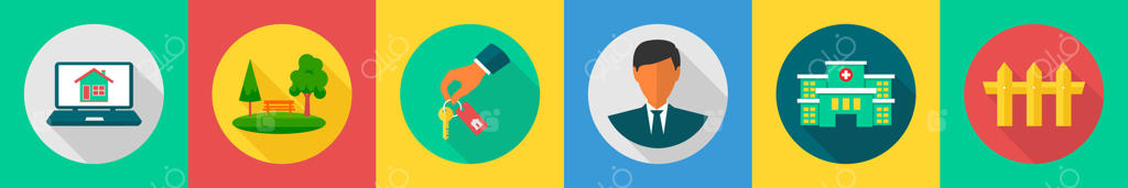 مجموعه‌ای از ۶ آیکون املاک و مستغلات شامل خانه آنلاین، باغ و کلید خانه‌ها