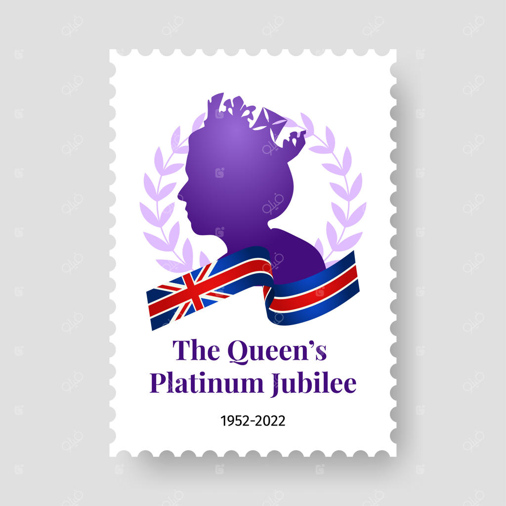 طرح تمبر پستی جشن پلاتینیوم ملکه در سال ۲۰۲۲ با تصویر نیم‌رخ، مناسب برای تبریک، چاپ استیکر، کارت تبریک و بنر