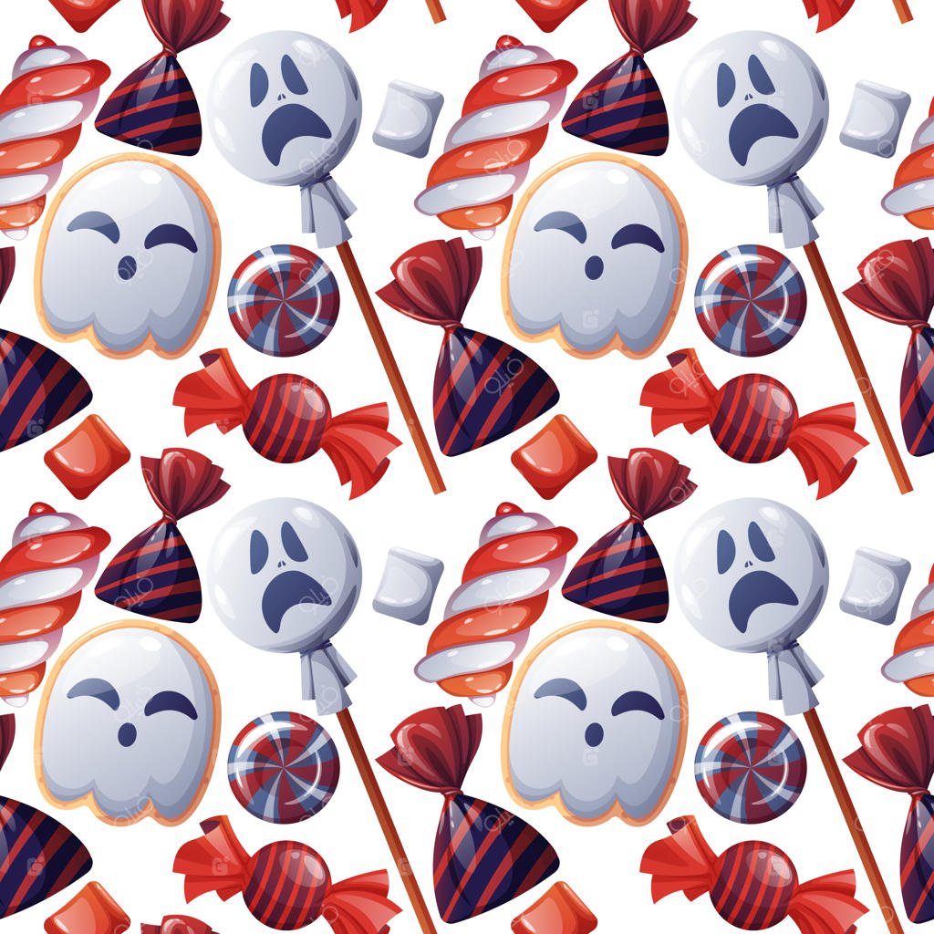 پترن یکپارچه با شیرینی‌های هالووین: بیسکویت‌های شبح، آب‌نبات، چوب‌شور، مارشمالو، ترفند یا شیرینی - مناسب برای کاغذ کادو، کاغذ دیواری، پارچه و غیره