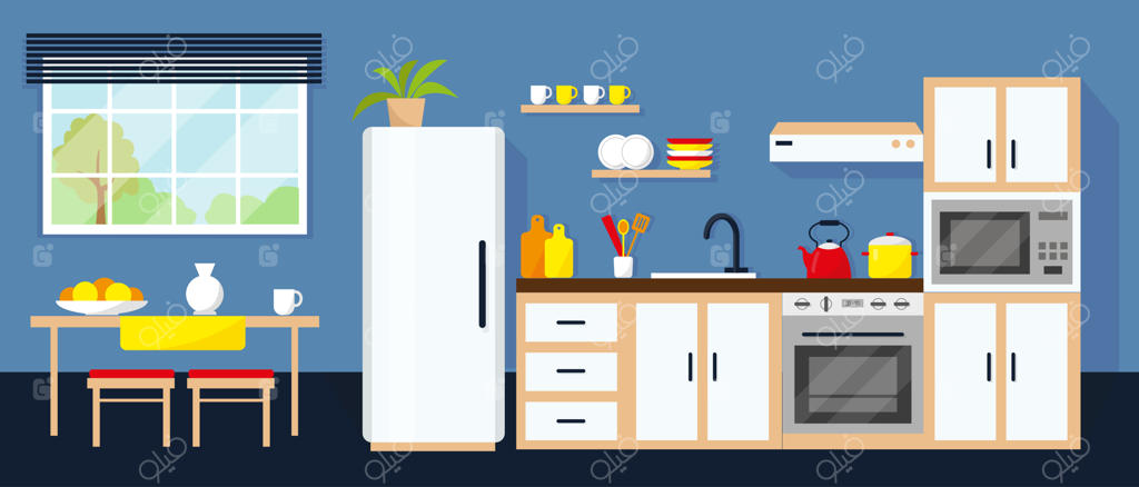 دکوراسیون آشپزخانه با میز تجهیزات و پنجره