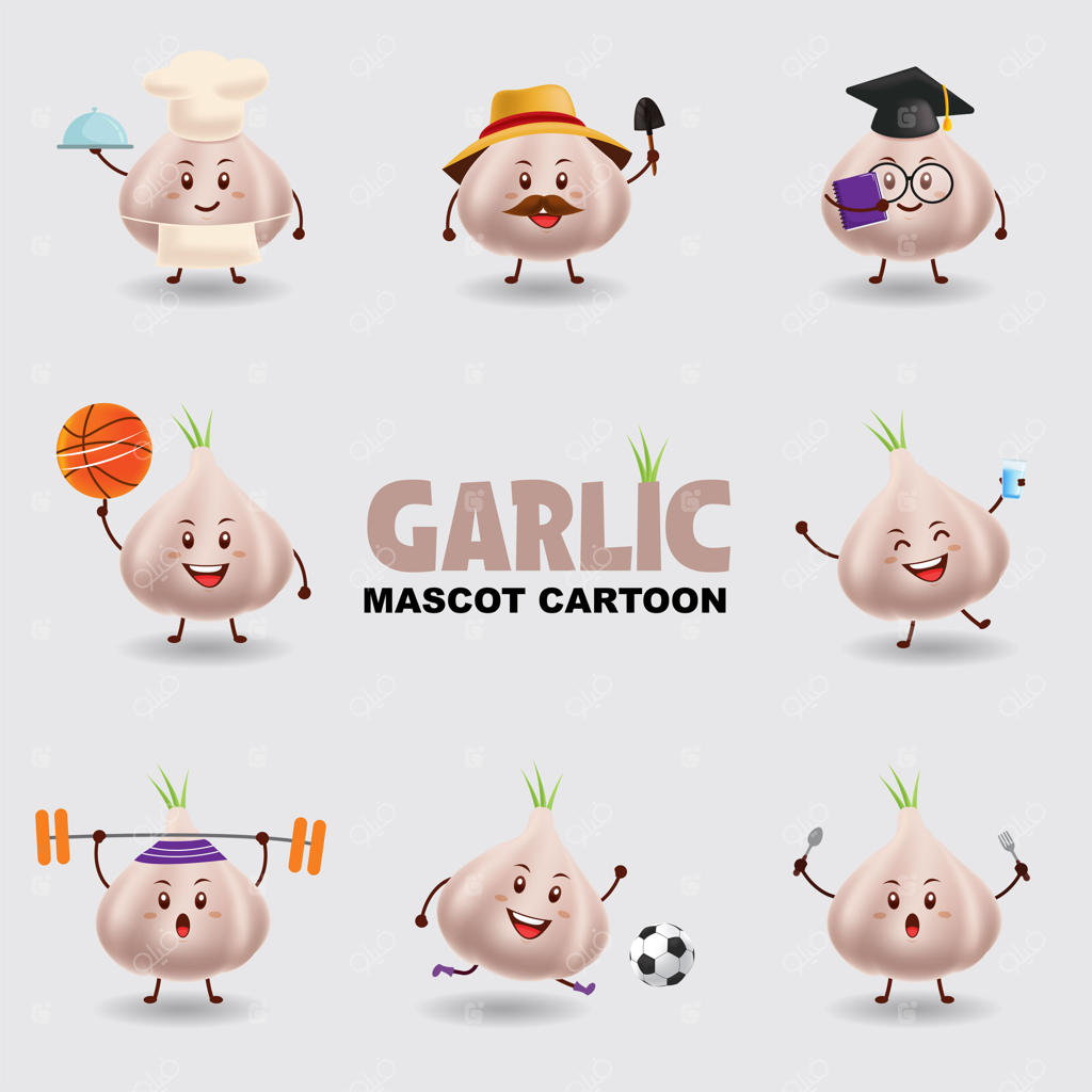 تصویرسازی کارتونی: سیر در چند ژست متفاوت. پس‌زمینه‌ی مجزا.