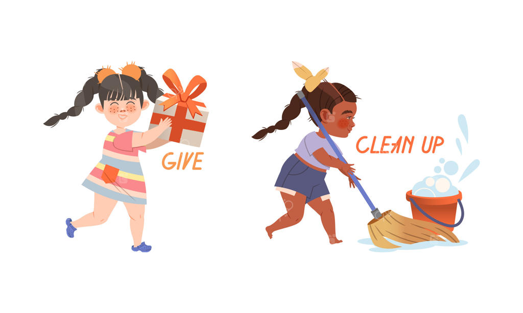 دختر بامزه در حال هدیه دادن و تی کشیدن زمین برای نمایش مجموعه افعال