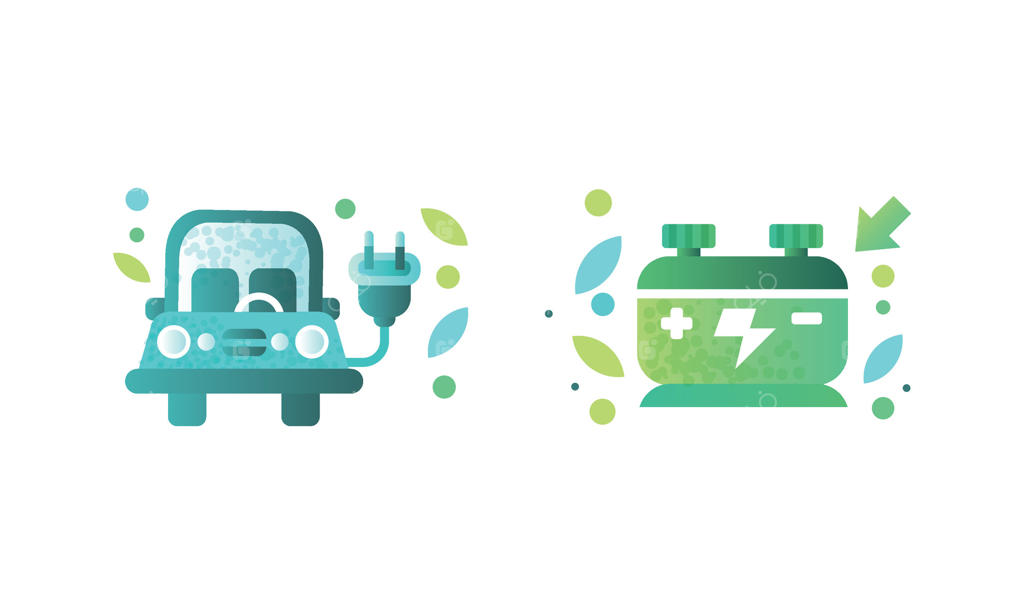 مجموعه نمادهای زیست‌محیطی: خودروی برقی، باتری سازگار با محیط زیست، انرژی سبز و مفهوم حفاظت از محیط زیست - تصویر تخت