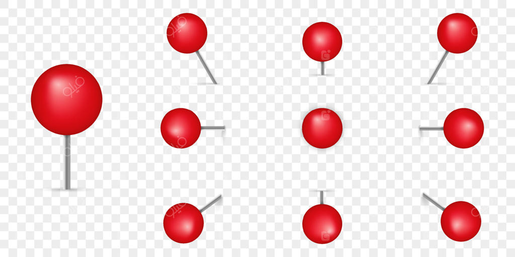 مجموعه سنجاق‌ته قرمز واقعی. تصویر سه‌بعدی پونز با سوزن فلزی در پس‌زمینه شفاف. کلکسیون سنجاق نقشه قرمز رنگ. پونز گرد برای یادداشت کاغذی. تصویرسازی وکتور.