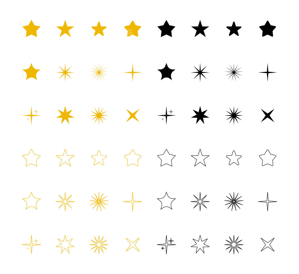 مجموعه آیکون‌های وکتور ستاره، ست ستاره‌های طلایی و مشکی با پس‌زمینه شفاف