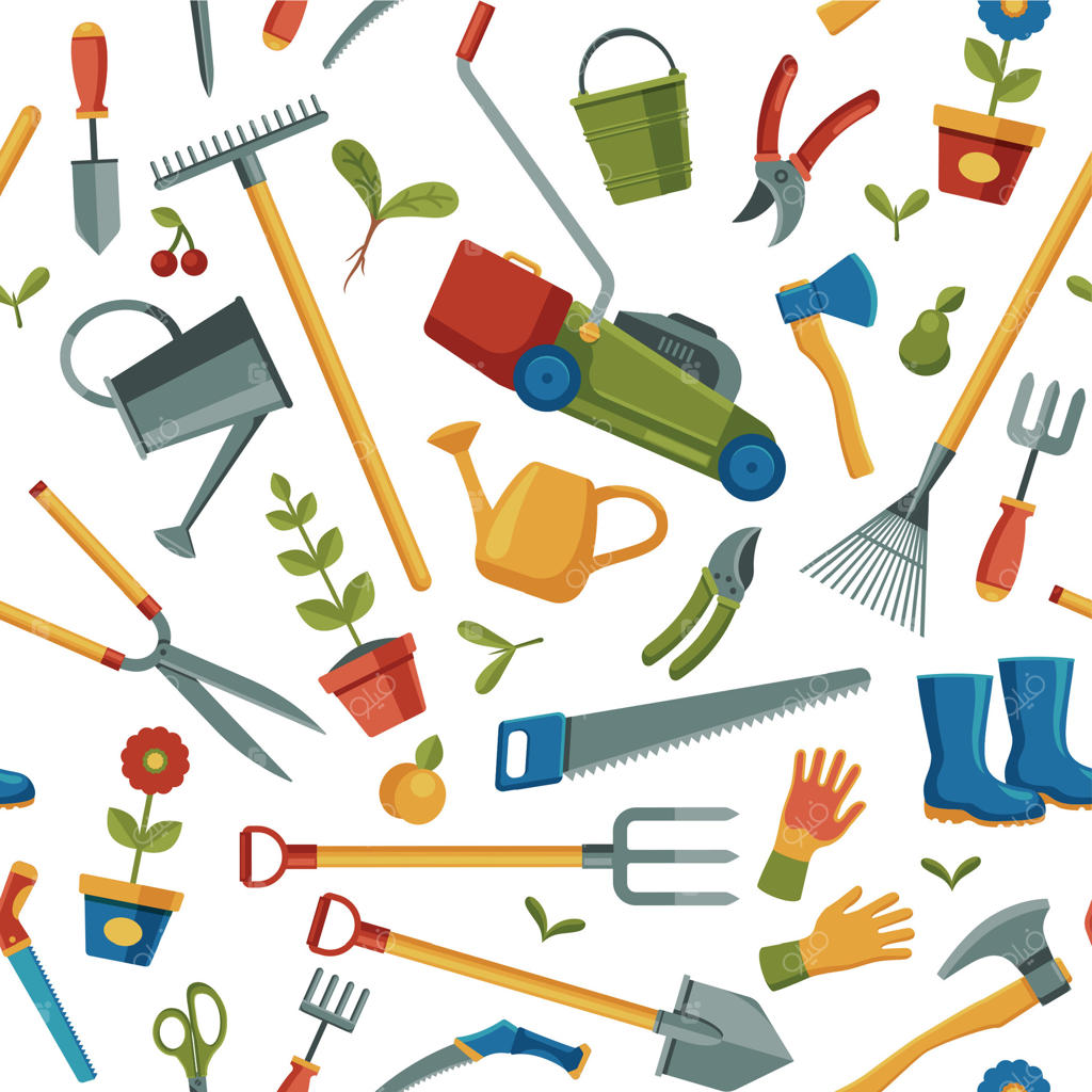 پترن باغبانی: چاپ یکپارچه ابزارهای کاشت باغ، پس‌زمینه کارتونی و انتزاعی برای پارچه و بسته‌بندی. طرح برداری