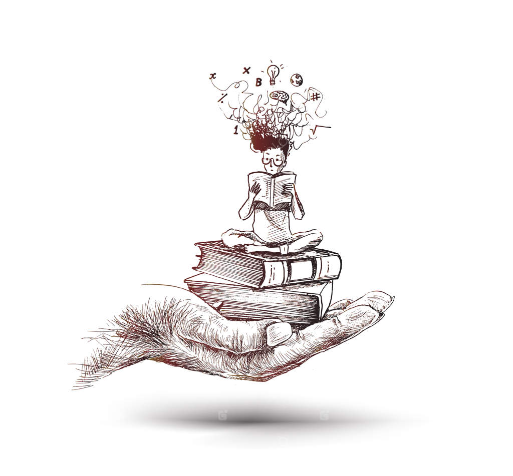 طرح وکتور دست جوان نابغه با انبوهی از کتاب‌ها
