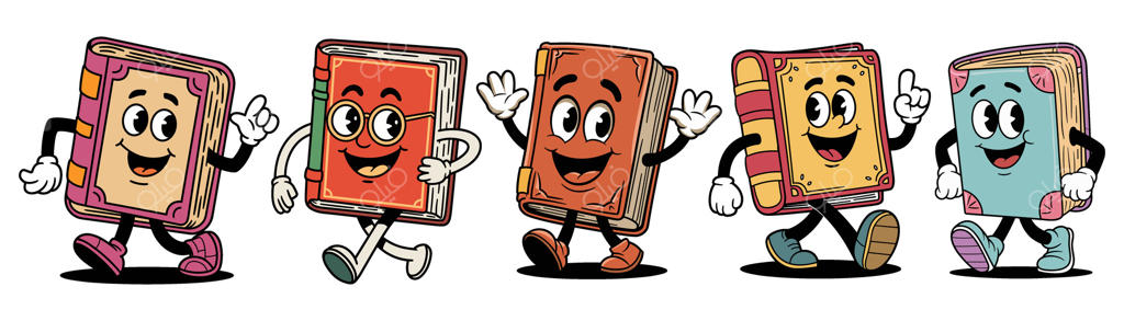 شخصیت‌های کتاب کارتونی به سبک رترو گرووی در حال لذت بردن از یک پیاده‌روی گروهی شادمانه