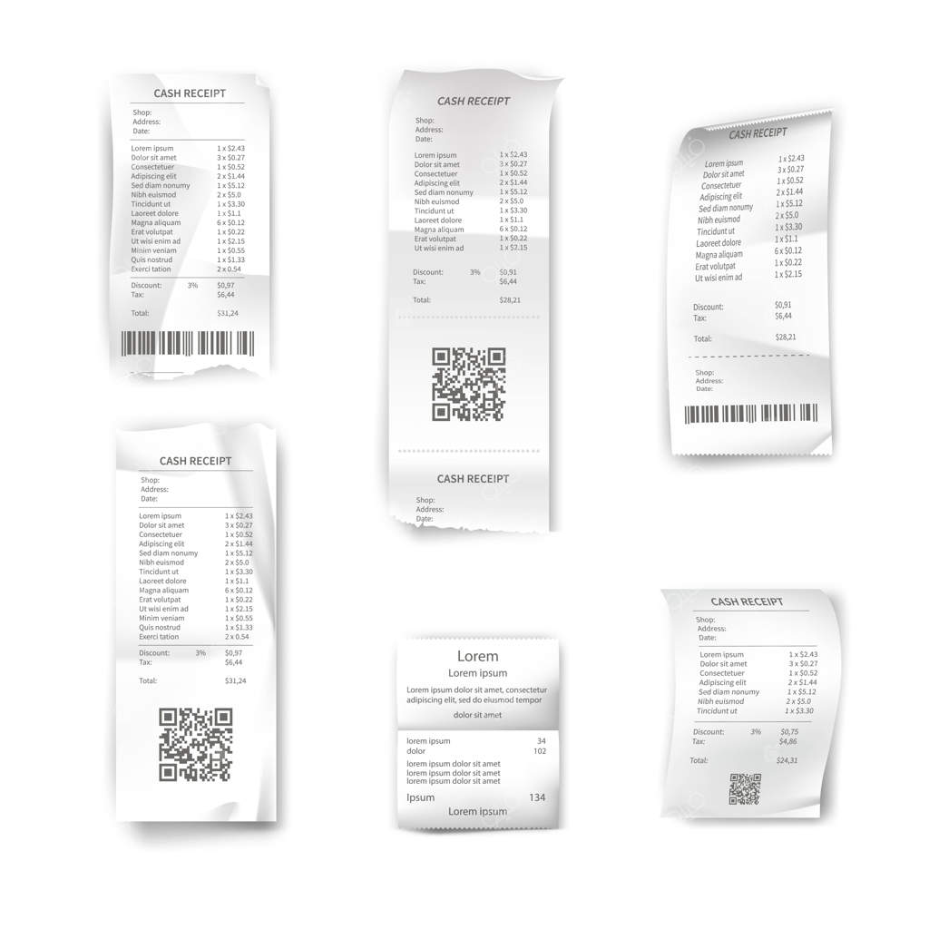 فاکتورها و صورت‌حساب‌های فروشگاه‌ و سوپرمارکت: لیست‌های واقعی خرید با قیمت‌ها، بارکدها، کدهای QR و مالیات‌ها در قالب پرداخت نقدی