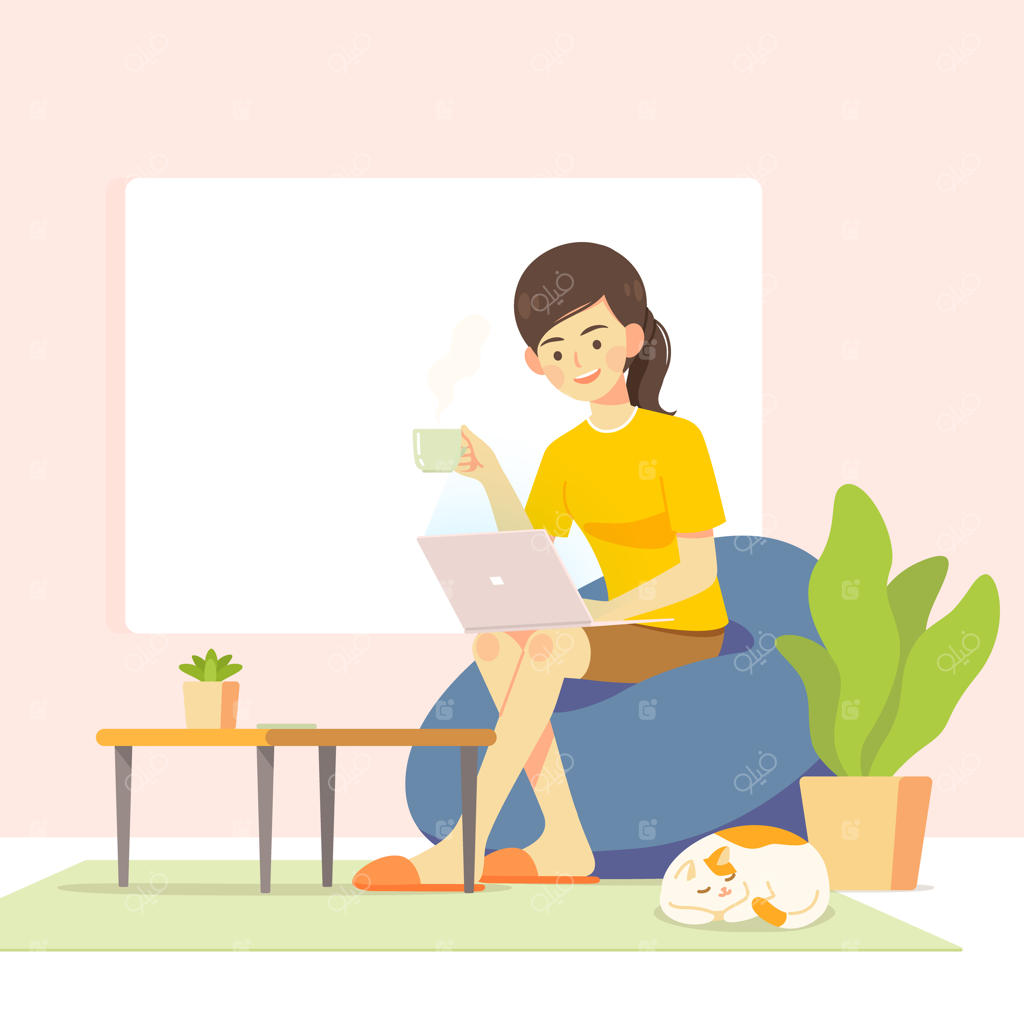 زن در حال نوشیدن قهوه و کار با لپ‌تاپ