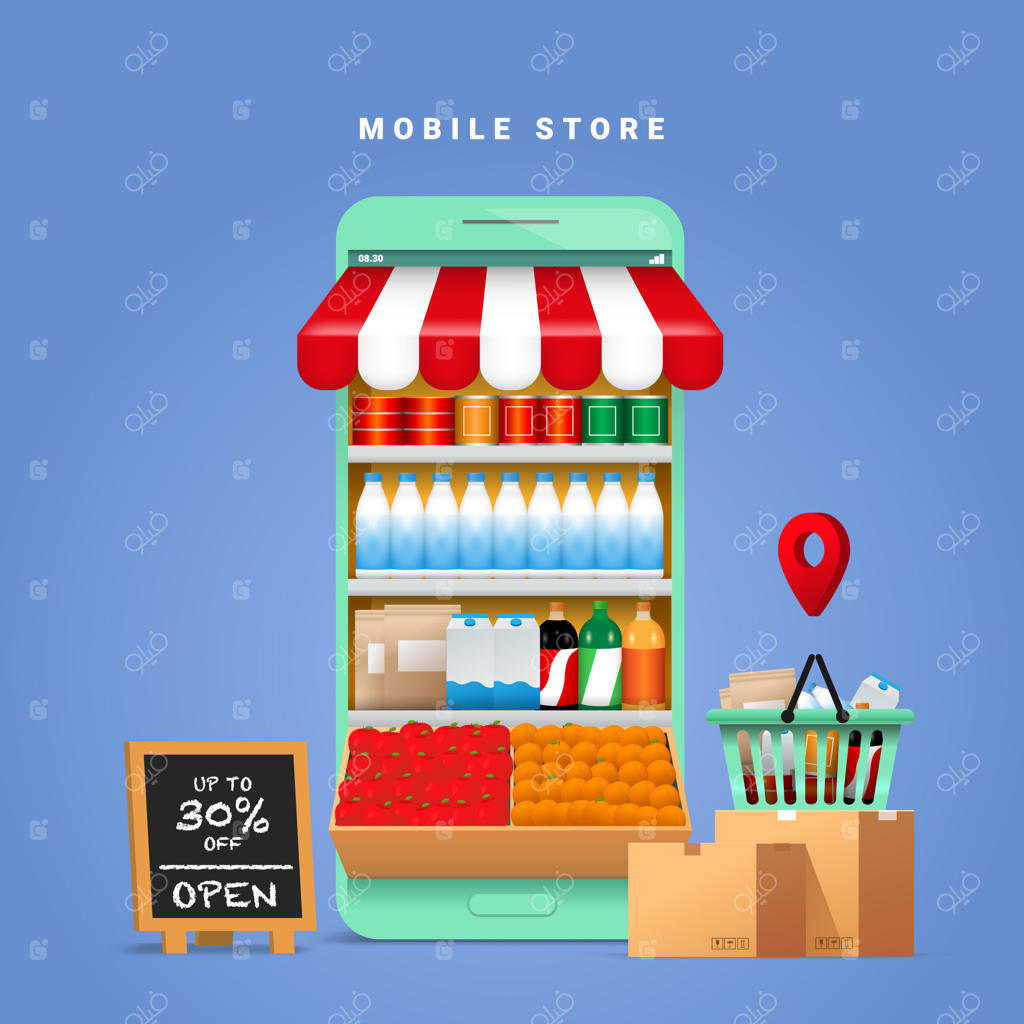 تصویرسازی مفهوم فروشگاه آنلاین: نمایش محصولات غذایی و نوشیدنی روی صفحه موبایل.