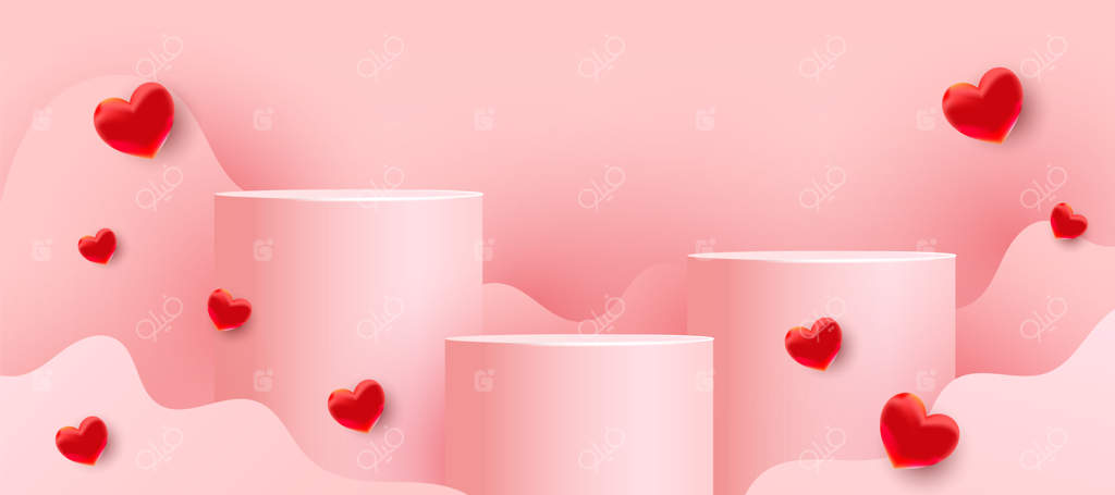 سکوهای خالی، پایه‌ها یا سکوها با اشکال موج‌دار کاغذی و بادکنک‌های قرمز قلبی روی زمینه صورتی. صحنه‌ای ساده با اشکال هندسی برای نمایش محصول.