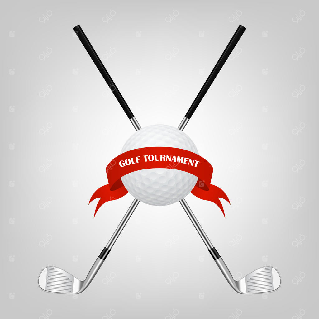 نمادهای گلف برای طراحی شما - توپ و چوب‌های گلف با روبان.