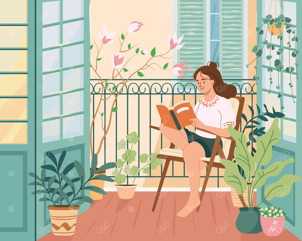 دختر آرامش یافته به راحتی در بالکن خانه نشسته، با گیاهان سبز در گلدان. مفهوم فضای شخصی. زمان برای خود. جنگل شهری در تراس دنج، منظره از اتاق. تصویرسازی وکتور ساده