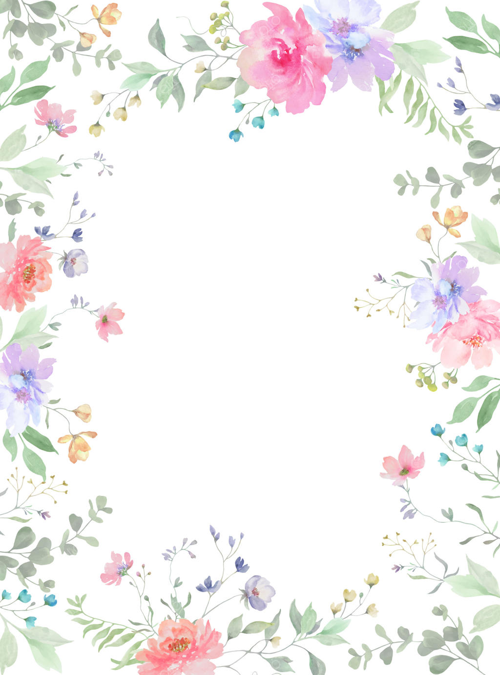 قاب آبرنگی با گل‌های نقاشی شده، برگ‌های اکالیپتوس، گل‌های وحشی و گیاهان دارویی - تصویرسازی دستی گل‌ها.