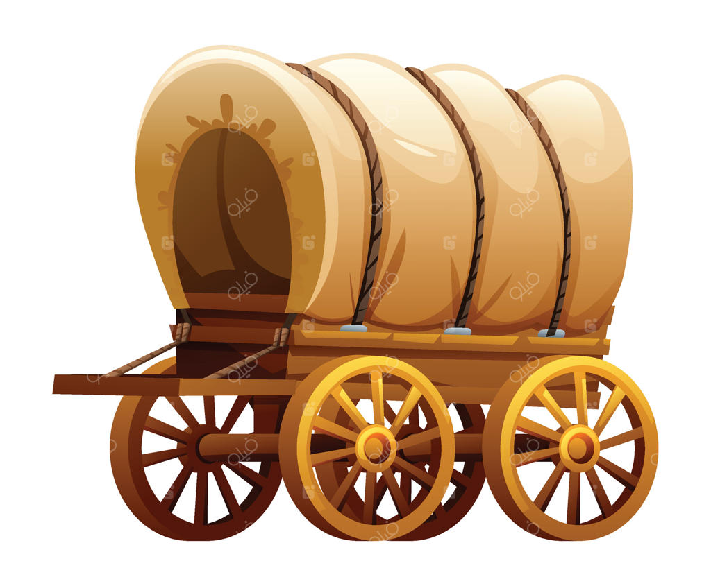 تصویر کارتونی از یک واگن سرپوشیده با چرخ‌های چوبی و سقف پارچه‌ای، جدا شده روی پس‌زمینه سفید