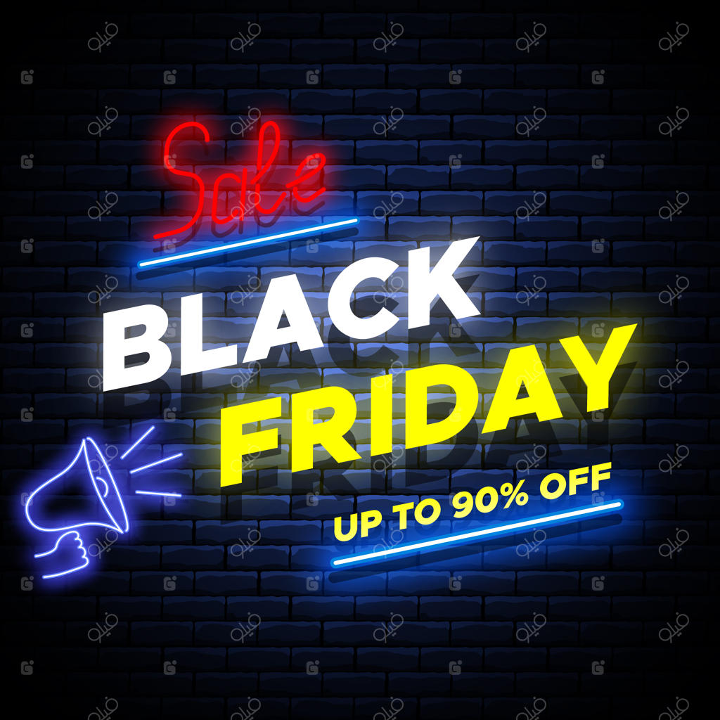 بنر نئونی حراج جمعه سیاه روی دیوار آجری.