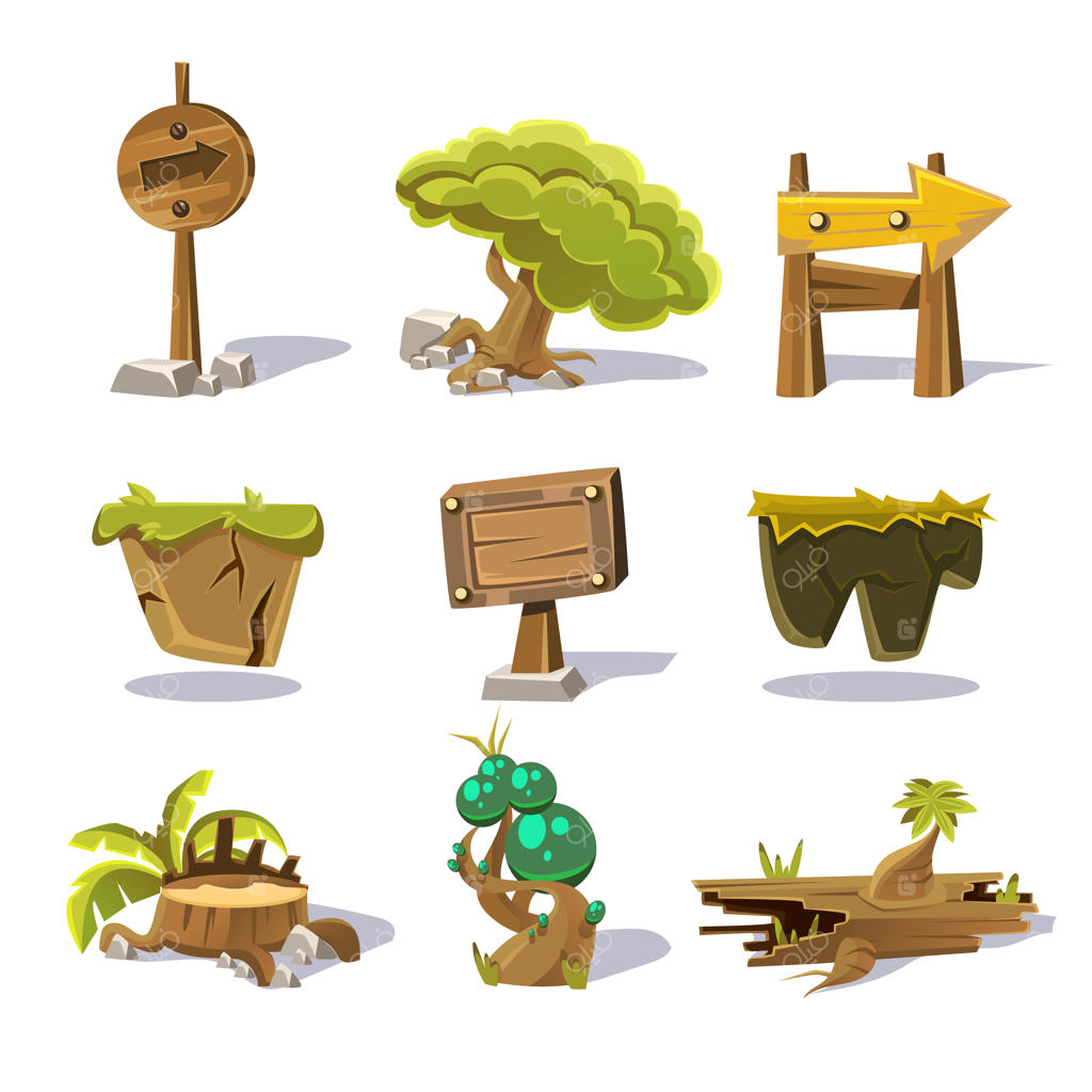 عناصر کارتونی طبیعت و اشیاء بر روی پس‌زمینه سفید