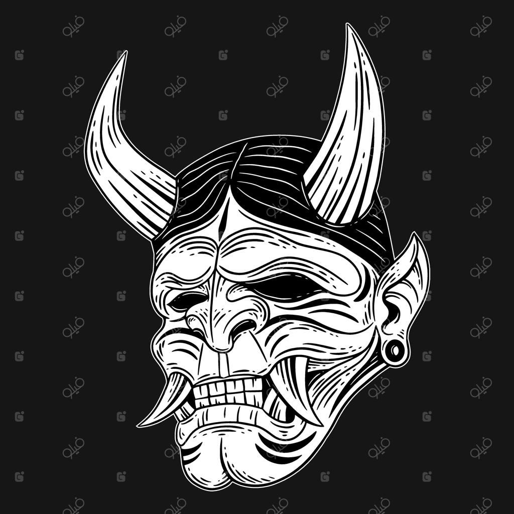 تتو ماسک شیطان ژاپنی به سبک حکاکی دستی در هنر تاریک