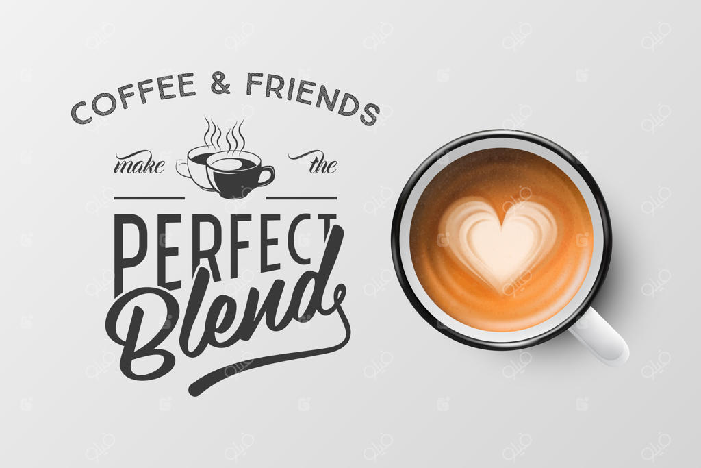 ماگ فلزی سفید سه‌بعدی با طراحی فوم قهوه - طرح تیپگرافی جمله‌ای درباره قهوه، نمای بالا