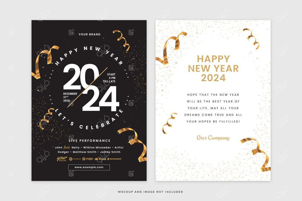 قالب فلایر مهمانی شب سال نو با طرح لوکس مشکی و طلایی در وکتور