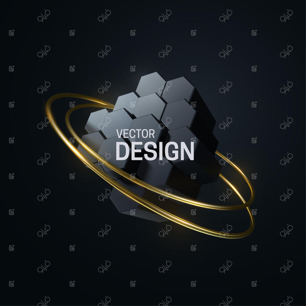 ترکیب‌بندی هندسی انتزاعی با اشکال شش‌ضلعی و حلقه‌های طلایی